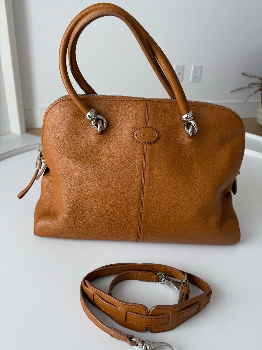 Tod's Cognac Pebbled Leather Shoulder Tote with Removable Strap